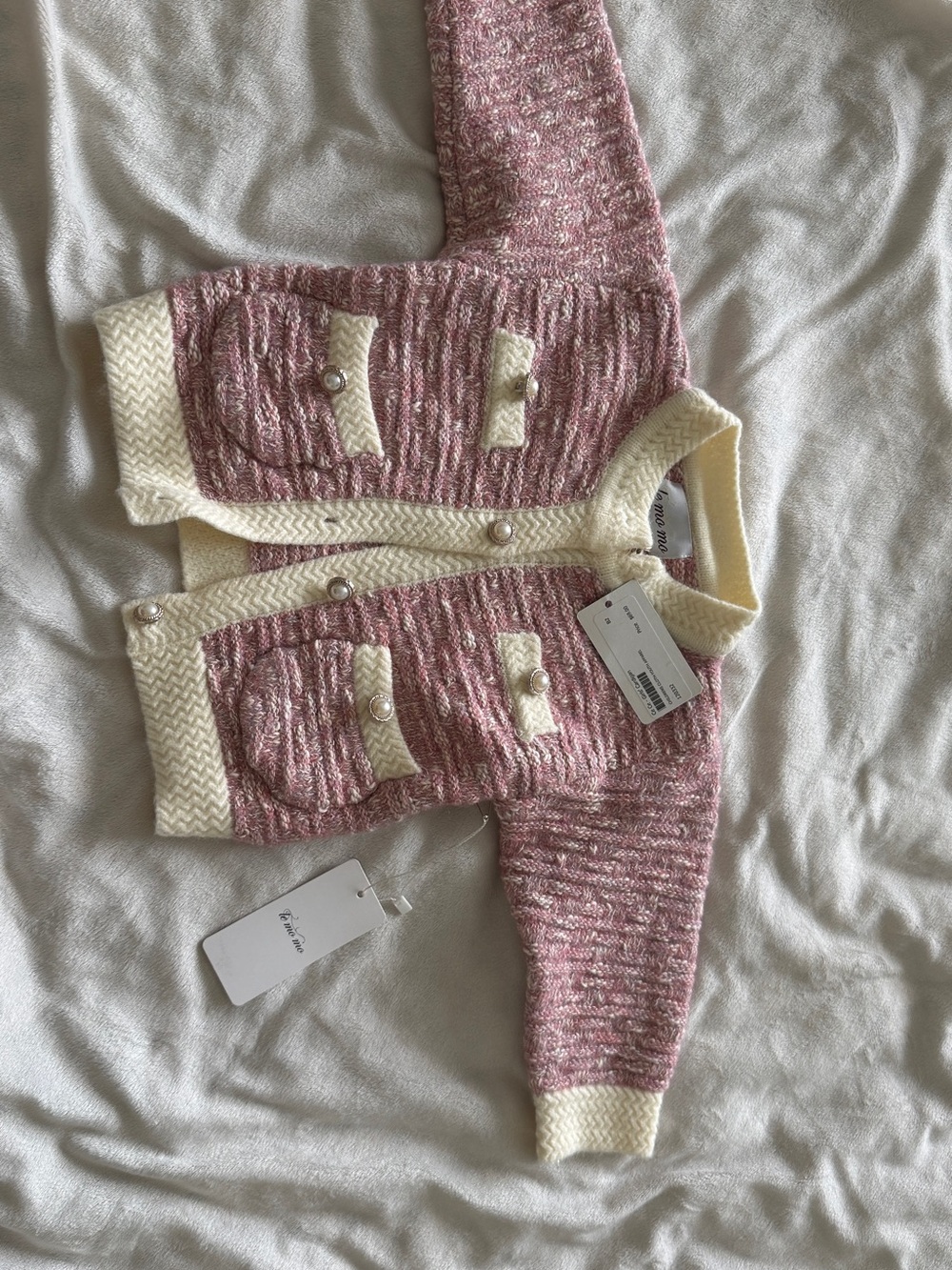 Girls' Pink Knit Button-Front Cardigan Jacket with Cream Trim